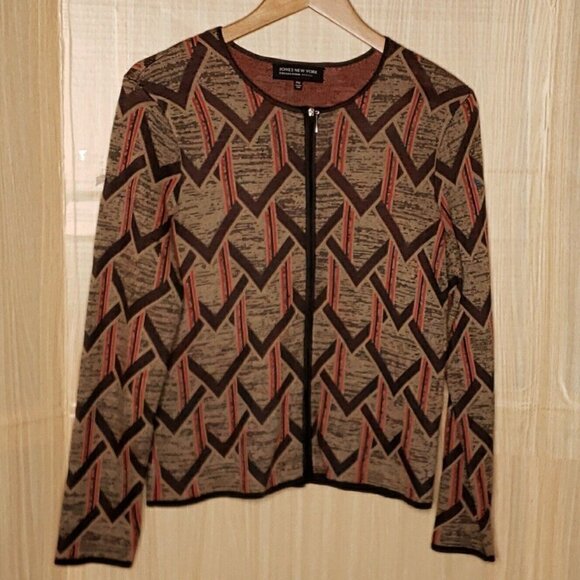 Jones New York Petite Heavy Knit Brown Full Zip Abstract Cardigan Sweater MP - Picture 1 of 6